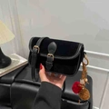 Retro black velvet shoulder bag with colorful pompom charm and magnetic flap closure - With Charm / Black