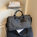 Dark grey striped sports gym bag with black leather handles and adjustable shoulder strap - Black