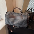 Grey-blue striped fitness duffel bag with brown leather handles and shoe compartment - Brown