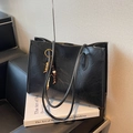 Black vintage leather tote bag with a fashion text logo and stylish wood bead charm - Black (With Pendant)