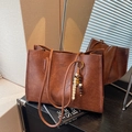 Vintage brown faux leather tote bag with colorful beaded keychain and dual straps - Brown (With Pendant)
