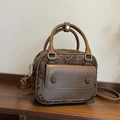 Bolso bandolera pequeño vintage con estampado de cachemira marrón y solapa de cuero - Marrón
