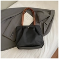 Chic black nylon tote bag with brown leather handles and gold metal button fastener - Small Black