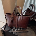 Minimalist dark brown polished faux leather bucket bag with top handles and strap - Coffee