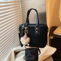 Black plush bucket bag with leather handles and a cute plush doll charm accessory - With Charm (ZL-1601) / Black