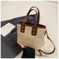 Detail of beige fleece bucket bag with brown leather trim and golden rivets for autumn style - Without Charm (ZL-1601) / Beige