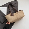 Beige faux suede tote bag with brown leather trim and adjustable silver buckle shoulder strap - Beige Grey