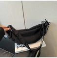 Japanese style black nylon dumpling shoulder bag with puffy pleats for casual commuting - Black