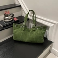 Retro army green faux suede tote bag with metal eyelets and decorative buckles - Green