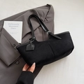 Minimalist black faux suede large tote bag with adjustable strap and silver metal buckle - Black