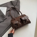 Borsa a spalla retrò marrone con tessuto scozzese e fibbie argentate da donna - Senza Ciondolo / Marrone
