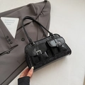 Retro grey plaid tweed Boston bag with black leather pockets and silver metal buckles - Black without Pendant