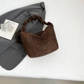 Brown and black leopard print tote bag with ruched handles and suede finish texture - Green Leopard