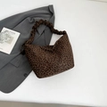 Leopard print tote bag with ruched shoulder strap and fuzzy texture for women - Coffee Leopard