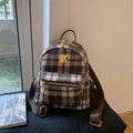 Classic plaid backpack in dark brown and beige wool fabric with gold metal logo - Brown