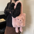 Borsa tote in lana di agnello rosa con orsetto 3D e tracolla in peluche morbido - Rosa