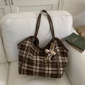 Brown plaid tote bag in wool fabric with leather straps and cute bunny pendant charm - With Charm / Brown Plaid