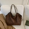 Large dark coffee suede tote bag for women with silver metal rings and shoulder straps - No Pendant / Brown