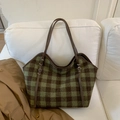 Vintage green and brown plaid tweed tote bag with slim brown shoulder straps on a sofa - No Pendant / Green Plaid