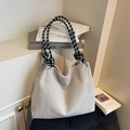 Borsa tote in velluto a coste grigio chiaro con manici in corda a quadri bianchi e neri - Bianco Sporco