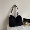 Detail of black corduroy tote bag with black and white checkerboard rope handles - Black