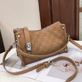 Retro light brown checkered crossbody pillow bag with silver lock and adjustable strap - Brown