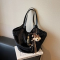 Black faux fur tote bag with leather straps and leopard print bow bear charm accessory - With Pendant / Black