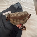 Detail of crescent woven chest bag with brown leather trim and golden chain strap decoration - Houndstooth Brown