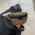 Detail of leopard print chest bag with gold chain and black and white woven strap - Leopard Black