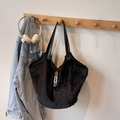 Grand sac fourre-tout noir en fausse fourrure avec anses cuir et fermoir en argent - Sans pendentif / Noir