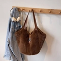 Deep brown faux fur large tote bag with leather straps for autumn winter commute style - With Pendant / Brown