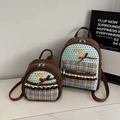 Ensemble de mini sacs à dos vert menthe à nœud avec motif d'étoiles et poche à carreaux - Petit / Marron Patchwork