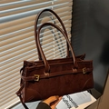 Retro dunkelbraune Wildleder-Achseltasche mit Goldschnalle und Doppelgriffen - Braun