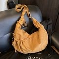 Retro caramel brown suede pleated hobo bag with drawstring detail and adjustable strap - Brown