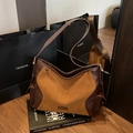 Grand sac fourre-tout vintage en cuir marron et daim camel avec patchwork élégant - Brun Sans Pendentif