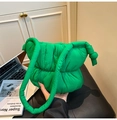Bright green quilted puffer bag with knotted strap minimalist padded shoulder tote bag - Dark Green