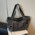 Grande borsa tote in denim grigio scuro con scritta Fashion e dettagli argento retrò - Nero