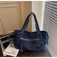 Borsa tote in denim blu scuro retrò con rilievo Fashion e dettagli con coulisse - Blu scuro