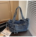 Borsa tote in denim blu scuro vintage con ricamo Fashion e coulisse regolabili - Blu Vintage