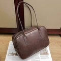 Vintage dark brown leather tote bag with long double handles and dual zipper top closure - Brown