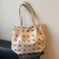 Beige canvas tote bag with black Arabic numeral print and slender shoulder straps - Khaki