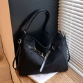 Black large capacity shoulder bag in matte faux suede finish with gold chain accents - Black