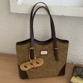 Grande borsa tote vintage marrone con goffratura Bread Cat e ciondolo in peluche pane - Marrone (Con Ciondolo)