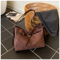 Deep brown suede large tote bag with vintage gold hardware and wide shoulder strap - Brown