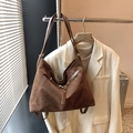 Deep brown suede large tote bag with minimalist gold buckle and soft leather texture - Brown