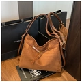 Brown suede large capacity tote bag with gold metal hardware and retro casual design - Brown