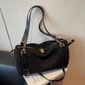 Chic black matte suede Boston bag with golden hardware and leather straps - Black