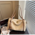 Beige faux suede large shoulder bag with brown leather handles and gold zippers - Khaki