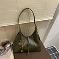 Olive green PU leather underarm bag with metal buckle and decorative wooden beads - Green with Pendant