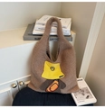 Brown fluffy faux mohair tote bag with cartoon embroidery patch for winter fashion - Khaki